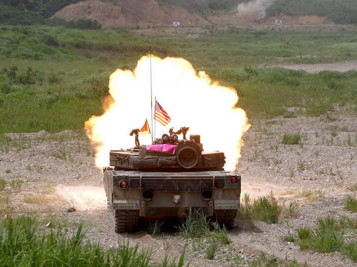 Originally based on the M1 Abrams, the South Korean K1 tank is manufactured by Hyundai Rotem. The South Korean K1 tanks have a range of 310 miles and has a top speed of 40 mph.