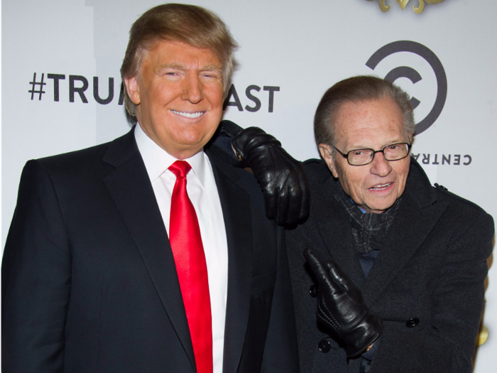 Longtime broadcaster Larry King has personally known Trump for decades, calling him one of his "oldest, dearest friends." During an interview on MSNBC in 2017, King recalled going to the Super Bowl with Trump, attending a Broadway show, and having many dinners in New York together.