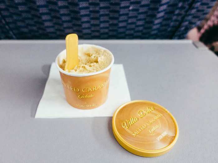 The only respite from the migraine was this gelato. When I asked the good-natured flight attendant if there was a choice of flavors, he laughed and said, "Yes! Salted caramel or nothing." I chose salted caramel. It was tastier than I expected.