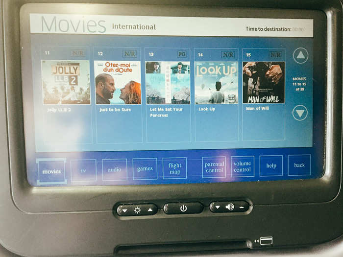 The entertainment options were good (lots of new releases, a wide selection of international films, and some solid TV shows), but the screen itself was old and the touch-panel unresponsive. To select a movie, you had to push so hard on the screen that it moved the seat in front of you, leading to a domino-effect of aggravation.