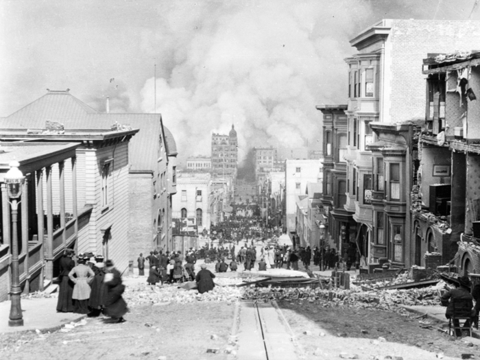 Earthquakes can also unleash tough-to-control fires, as they did here in 1906, covering much of the city in flames and smoke.