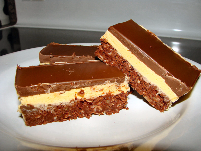 Nanaimo bar: A popular rich dessert that requires no baking. Named after the city of Nanaimo, British Columbia.