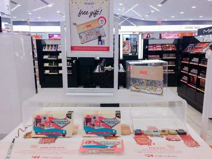 The inside was bright, and the employees were all very bubbly. A Benefit Cosmetics promotion was advertised in the entryway, with high-end cosmetics to the left and drugstore brands on the right.