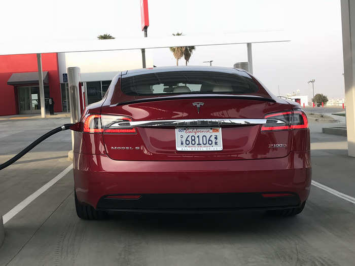 We sat for a while in the lounge, coffees in hand. Our borrowed Model S sat plugged in. We left the Kettleman City station with a full charge.