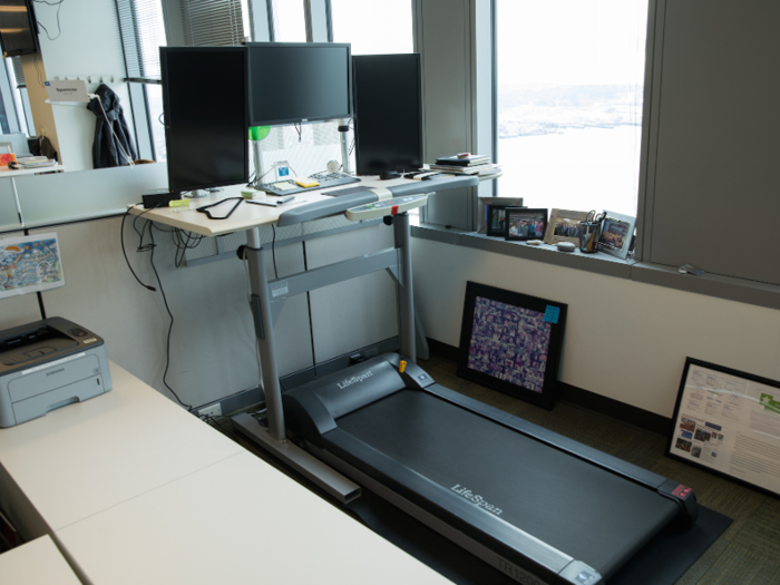 Zillow Group CEO Spencer Rascoff stays in motion, even while working at his desk. "I like to keep moving throughout the day because it keeps me energized," he told Business Insider "My treadmill desk helps me do that while answering emails and doing other solo tasks. I don’t run on it." Zillow employees can get in on the exercise too — the Seattle office includes a number of "treadmill meeting rooms."