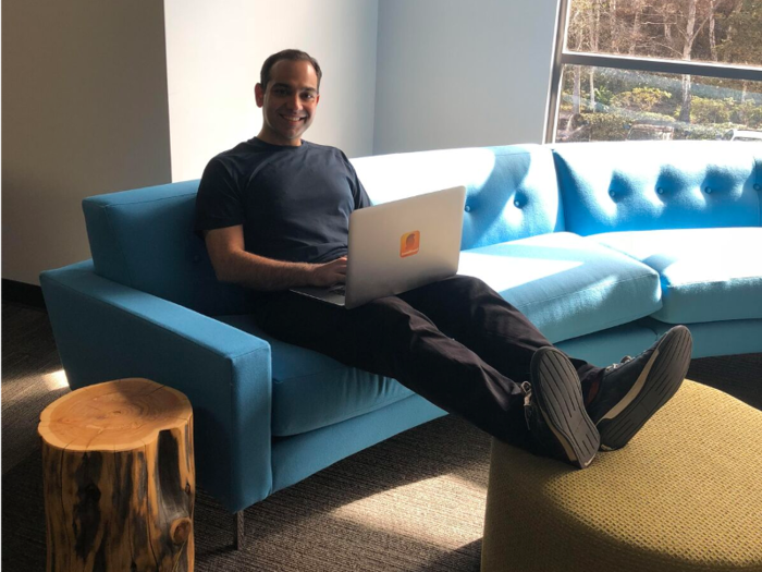 Soundhound CEO Keyvan Mohajer kicks back in an office nook — "a sun-filled seating area near a large picture window on the second floor" — when he needs to get work done. "The couch is blue to match our Hound logo and it’s quite large, so it’s perfect for team meetings," he told Business Insider.