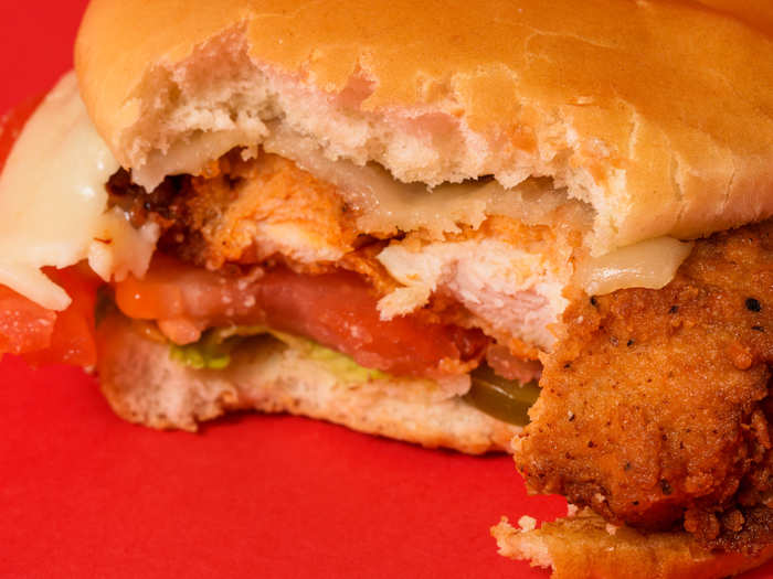 The chicken is, of course, fantastic. It has the same spiciness as the other sandwich, but the pepper jack cheese adds a bit more pizzazz and bite to the whole thing. Plus, the tomato and lettuce are vibrant and fresh — especially in contrast to the others.