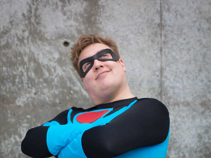 Mr. Incredible, played by Evan Attwood, rocked the blue superhero suit from his younger days of crime-fighting. Disney