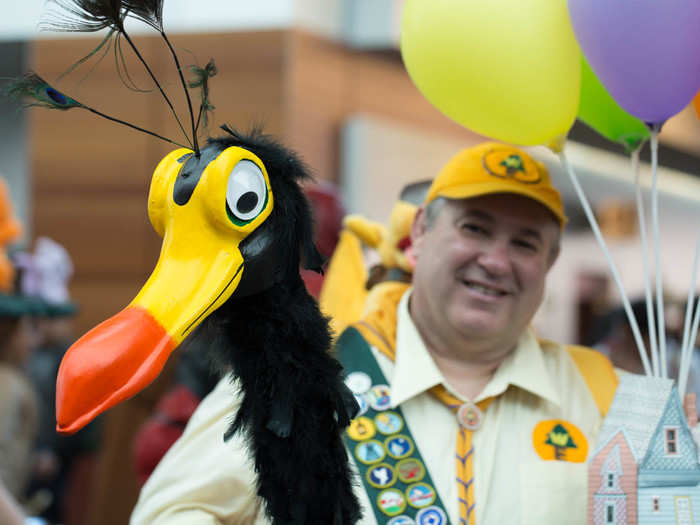 Gonzales, who works as a college professor, made Kevin from a pool noodle, masking tape, and craft feathers. His sash featured badges he collected from his childhood as a Boy Scout.