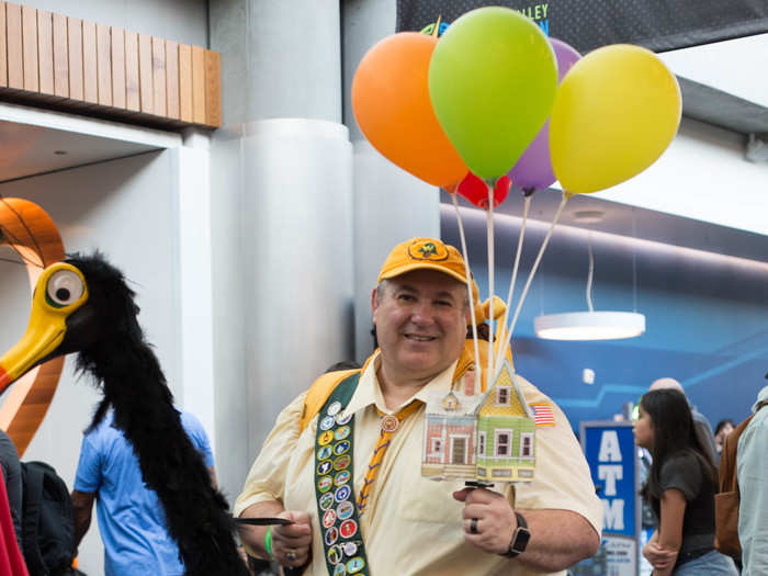 Steve Gonzales embodied the movie "Up." He dressed as Russell riding the bird, Kevin.