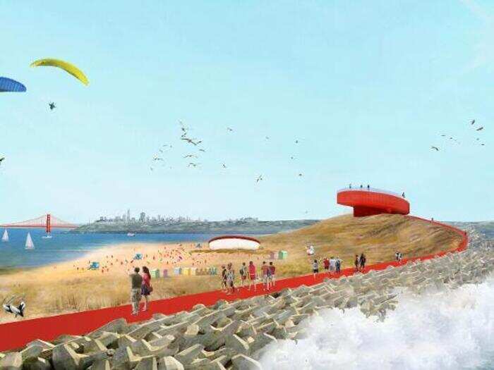 The second design, called Golden Shoals, calls for a regional tidal tidal barrier near the Golden Gate Bridge.