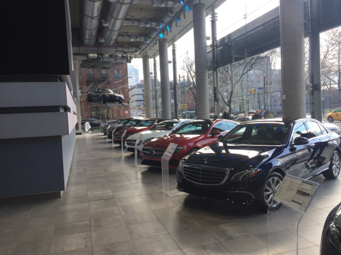 There are more cars on display (which, of course, is a function of the fact that Mercedes-Benz sells far more models than Tesla).