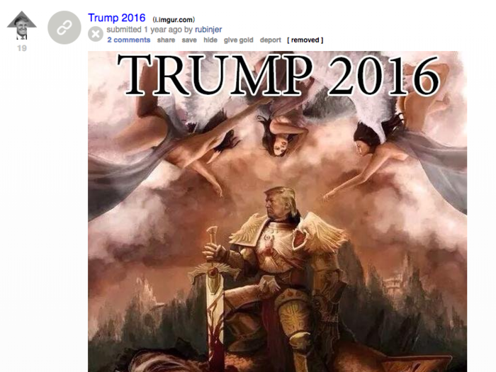 As expected, unflattering depictions of Hillary Clinton were common on many of the banned accounts, including this one posted to a controversial subreddit called "The Donald."