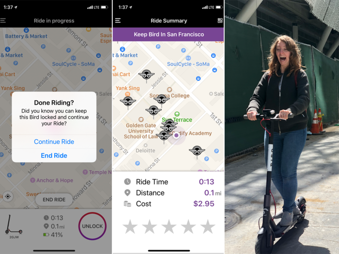 To end the ride, I opened the app and tapped the button to lock the scooter. The app showed me a ride time of 13 minutes and a cost of $2.95 — a fraction of what my typical Uber ride costs.