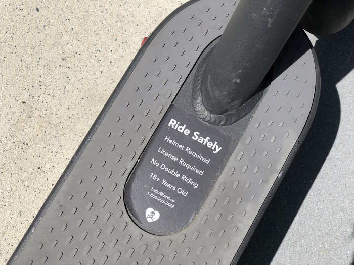 The footboard had some reminders: State law requires scooter riders to wear a helmet. You must be over the age of 18, have a valid driver