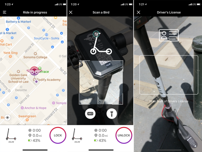 When you find a Bird near you, you tap the button to unlock it. The app prompts you to snap a photo of the scooter