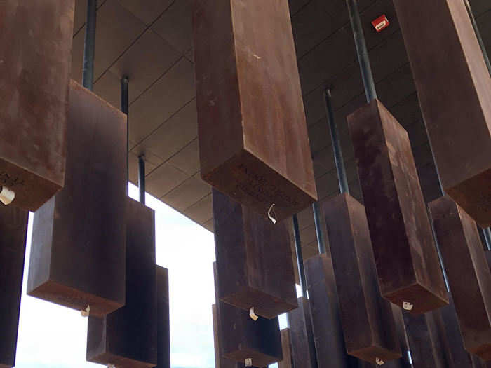 The memorial features 800 six-foot-tall metal blocks, which represent the 4,400 people who were killed by lynchings at the hands of white mobs between 1877 and 1950 in the US.