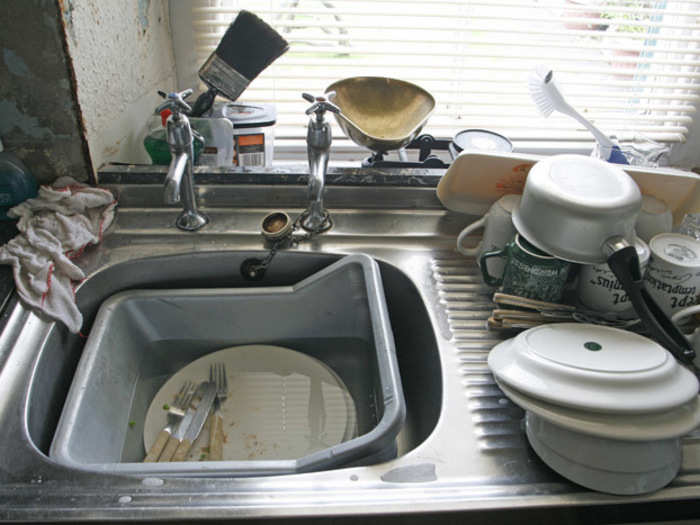 The kitchen sink is second only to the sponge when it comes to germs. Disinfect this basin once or twice per week, and immediately after you use it to handle raw meat.