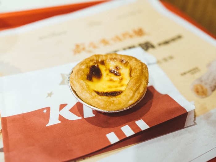 While KFC offered a ton of desserts, I opted for the humble egg tart, which comes with your combo instead of a biscuit. This might have been the best egg tart I