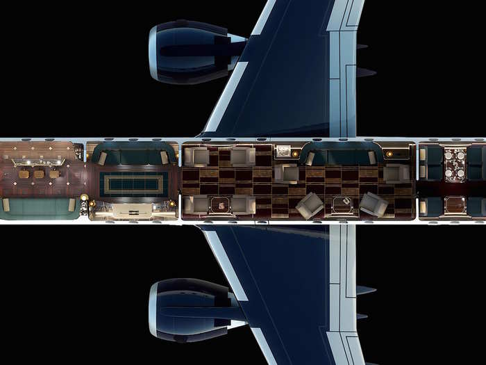 Like the standard Lineage 1000E, the Manhattan Airship is divided into various zones. However, unlike the standard Lineage, all of the crew facilities like the galley have been moved to the back of the plane.