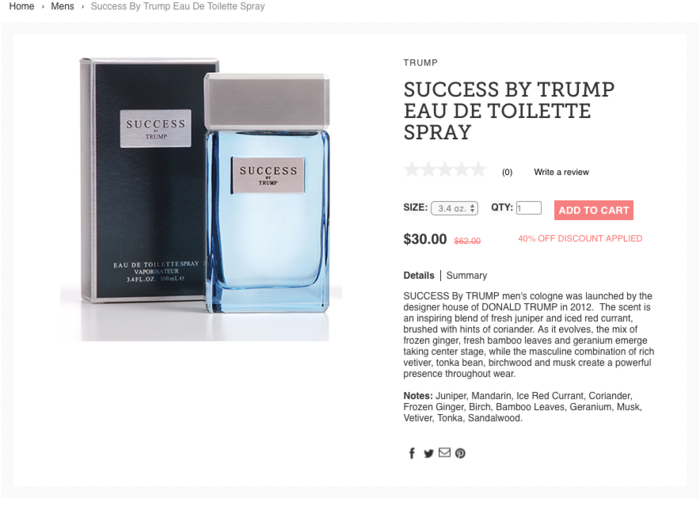 Perfumania, the carrier of Trump-branded perfume and deodorant, also cut ties in July 2015. Much of the remaining inventory is listed at more than 50% off.