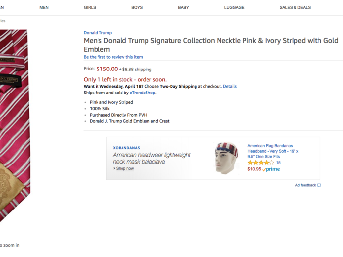 Donald Trump-branded menswear is still available through sellers on Amazon and eBay.