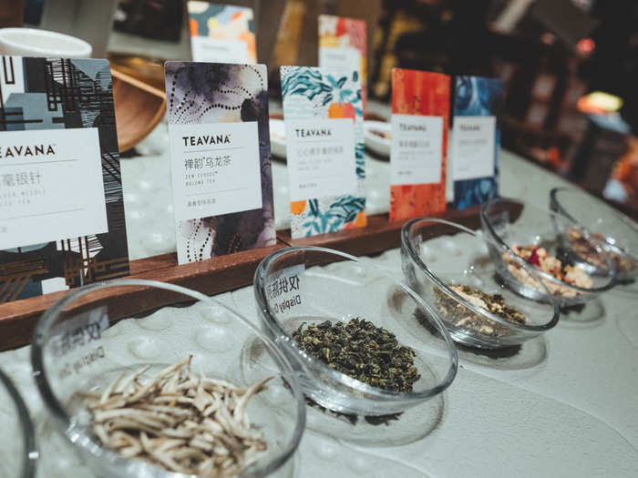 Chinese consumers are notoriously picky about the quality of their teas. Visitors can see many of the tea leaves displayed on the bar for them to inspect.