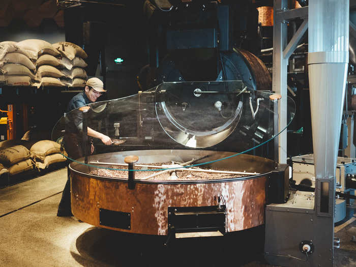 The location is like a Willy Wonka factory for coffee. Many of the processes, like roasting and packaging the beans, happen right in front of the customers