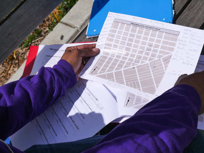 He carries a neighborhood map, where he marks past incidents, as well as a list of shelters and soup kitchens. Dudley knows the closest place to get a free meal at any time of day.