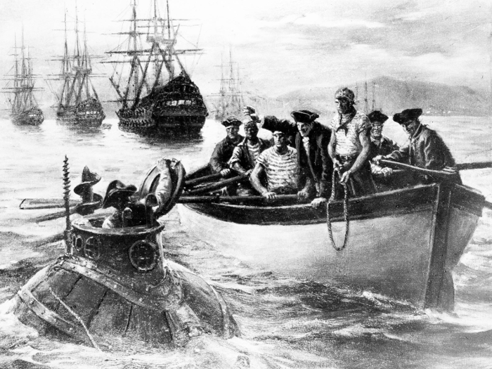 American inventor David Bushnell built the "Turtle" in 1775. The underwater vessel was used to try to attach explosives to British ships in New York Harbor.