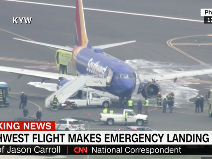 The stricken Boeing 737 lands in Philadelphia at 11:23 am. According to the NTSB, the damage to the aircraft forced the crew to use an alternative flap setting to improve controllability. However, this also forced the plane to land at 190 mph, about 35mph faster than a normal landing.