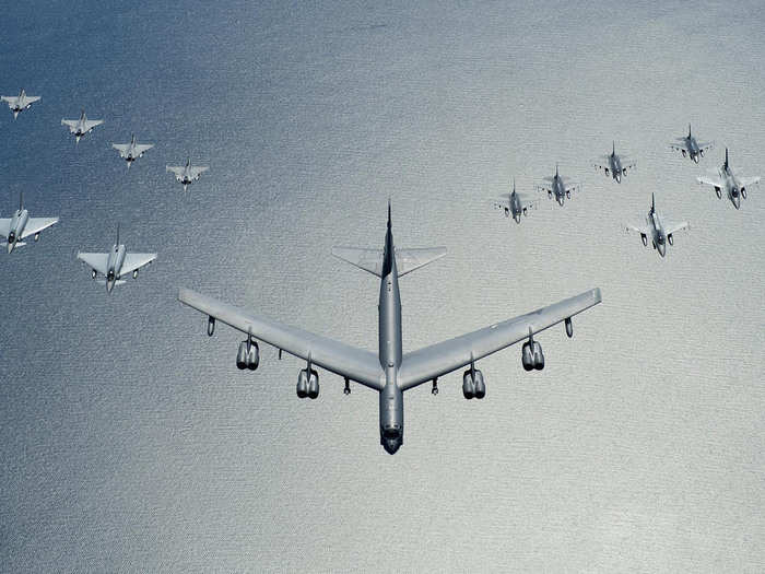 The B-52 has a payload of about 70,000 pounds. It