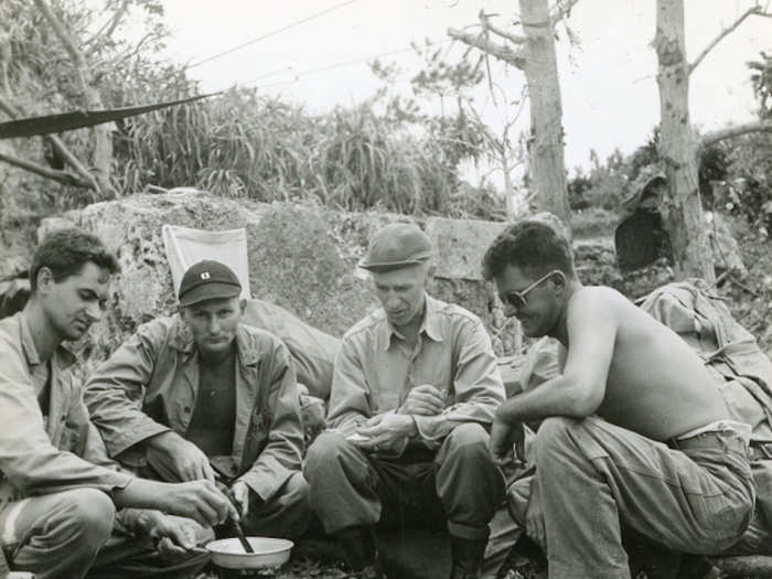 From left to right: Edward P. Krapse, Lt. Arlington Bensel Jr., Pyle, and Cpl. Edward M. Wrenne.