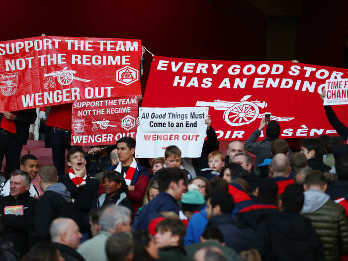 But not all fans were happy — and "Wenger Out" banners were becoming commonplace at Arsenal games in 2016.