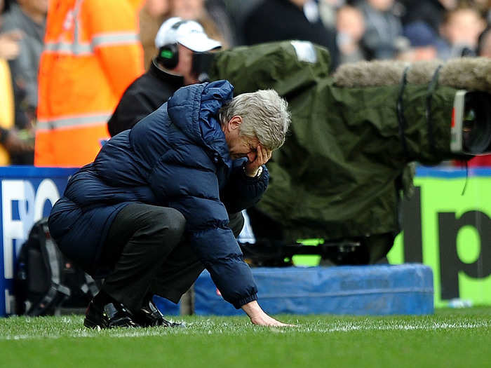 Despair was becoming a familiar feeling for Wenger by 2010 as the manager collapsed with his head in his hand during a 1-1 draw against Birmingham City in March — a result that dented Arsenal