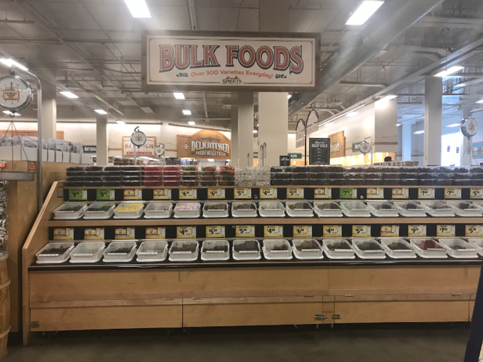 ...or the bulk foods section, which is definitely bigger than the one at my nearest Whole Foods. It includes everything from nuts and grains to dried fruits and chocolate covered pretzels. There are over 300 varieties and it