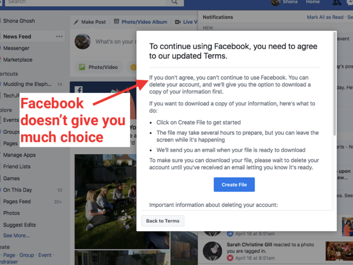 13. Finally, Facebook will ask you to accept its updated terms of service. You don