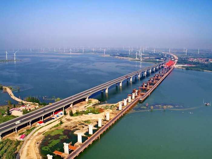 The 70.6-mile-long Tianjin Grand Bridge is part of the Beijing–Shanghai high-speed railway in China. It runs between Langfang and Qingxian.