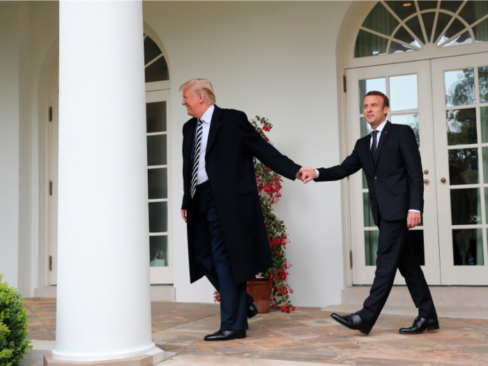 Trump and Macron had private meetings in Oval Office on Tuesday. The US president led his French counterpart across the White House portico.