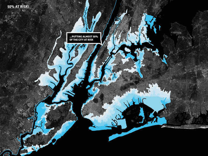 According to the New York City Panel on Climate Change, sea levels will increase between 8 to 30 inches by the 2050s and up to 15 to 75 inches by the end of the century in NYC.