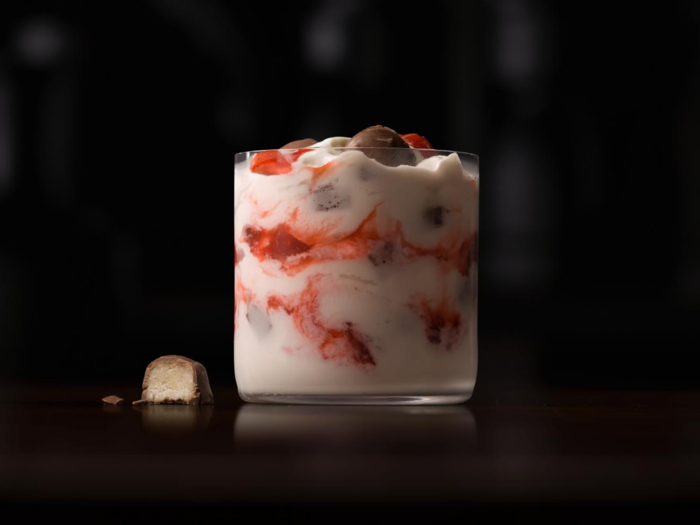 The McFlurry Prestígio from Brazil is made from vanilla soft serve ice cream with strawberry sauce and chocolate covered coconut bites mixed in.