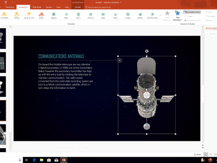 Finally, Microsoft is still betting on augmented reality and virtual reality. For instance, with the April 2018 Update, you can place AR models, like this one of a space rocket, into a PowerPoint presentation, so it can be inspected in 3D.