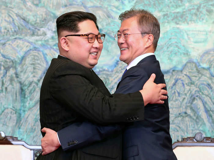 Other pictures from Friday also seem rather similar to previous summit pictures. Here Kim Jong Un and Moon Jae-in hug on Friday.