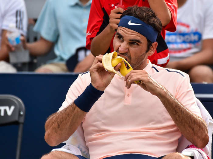 He also eats bananas, which are a good source of carbohydrate and potassium. When tennis players contest long matches, their energy levels may lull and they may succumb to cramp if they lose too much potassium. Bananas help players like Federer refuel.