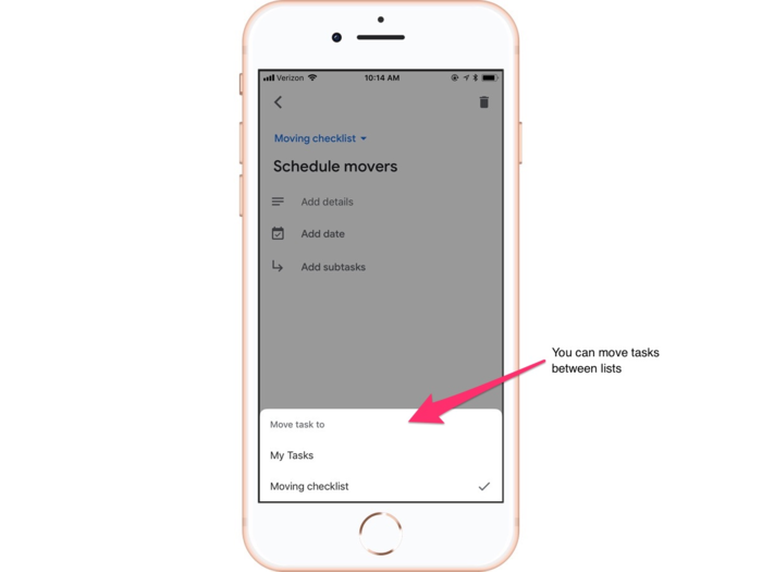 And if you accidentally add a task to the wrong list, you can easily move it to a different one.
