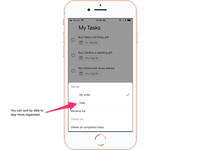 Adding a date to a task also allows you to organize your lists chronologically.