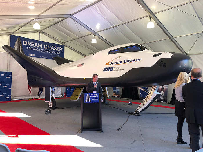 One of the stars of the show was the Dream Chaser spacecraft, built by Sierra Nevada.  It is a reusable shuttle that can carry stuff to and from the International Space Station.