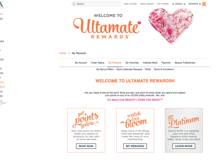 After signing up for the Ultamate Rewards program, I was taken to a welcome page. The welcome page gives an overview of how the rewards program works. You earn one point for every dollar spent, and use those points for discounts on any product.