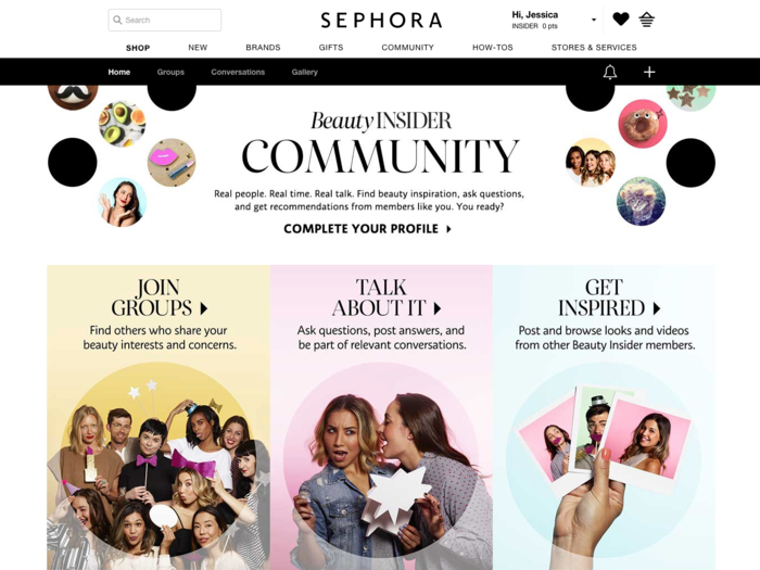 The community allows rewards members to join groups, browse makeup looks, and view a Beauty Insider event calendar.