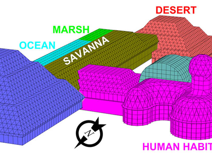 Inside Biosphere 2, five "wilderness" zones — rainforest, ocean, savanna, marsh, and desert — emulated Earth